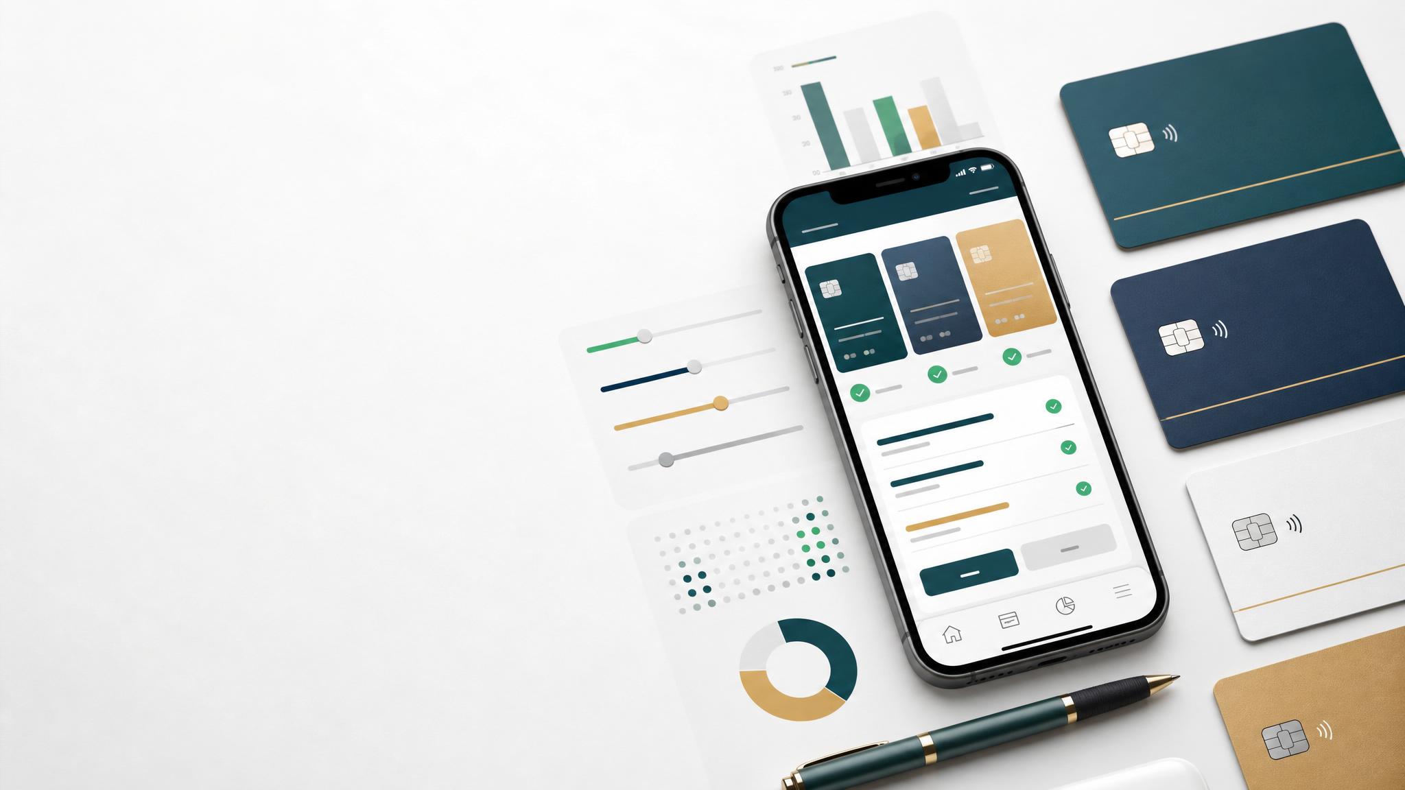 Mesa de planejamento financeiro com comparacao visual de cartoes de credito